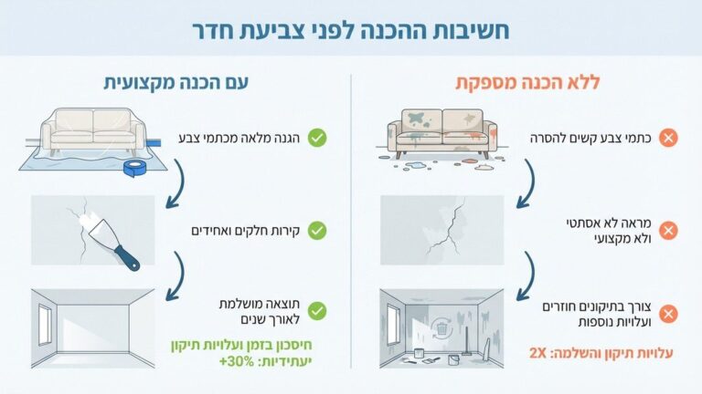 הכנת חדר לפני צביעה עם כיסוי ניילון על הרצפה וסרט הדבקה על הפאנלים