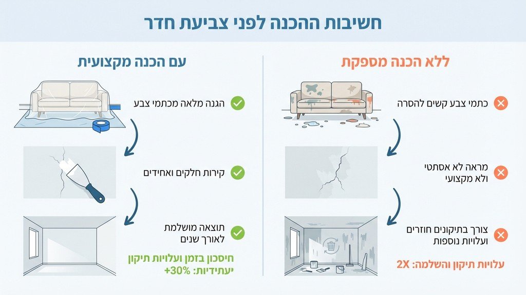 הכנת חדר לפני צביעה עם כיסוי ניילון על הרצפה וסרט הדבקה על הפאנלים